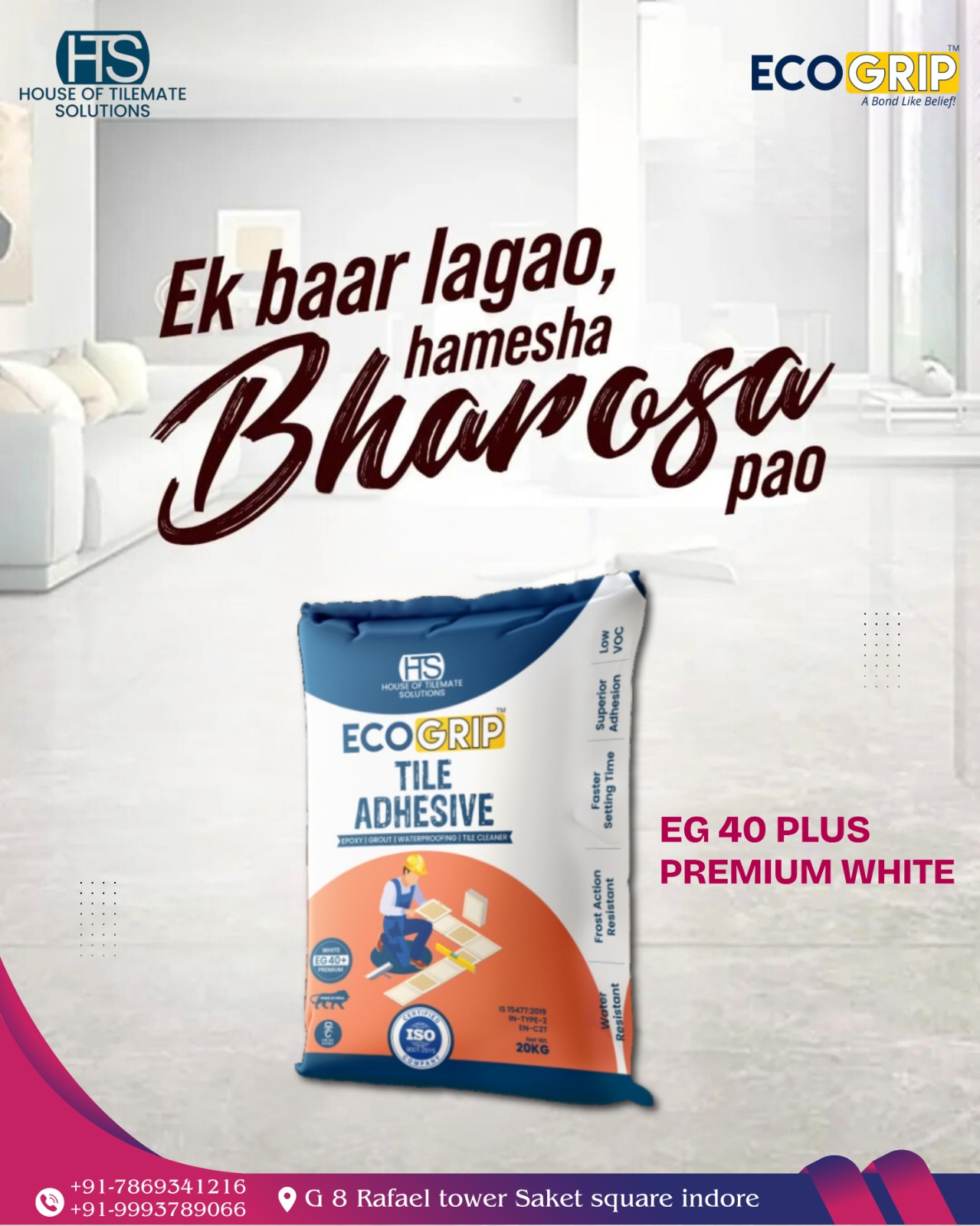 Eco Grip EG 40 Plus Premium White Tile Adhesive – Perfect Finish, Superior Strength